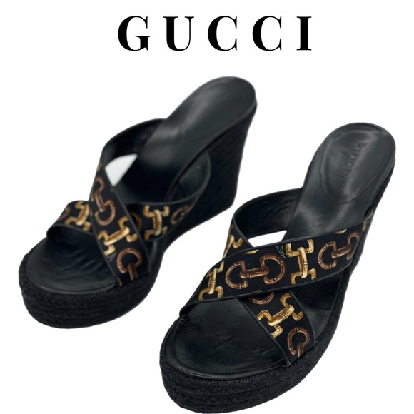 Gucci Black Silk & Leather Espadrille Wedge Sandals – Size 39 - Picture 1 of 7